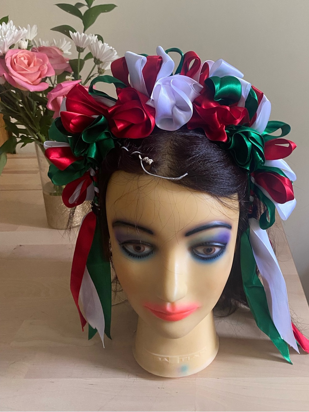Mexican Handmade Ribbon Floral Headband in Red, Green & White - Picture 2 of 6
